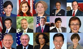 '一排左起：國會議員趙美心（Judy Chu）、Loretta Sanchez、Linda Sanchez、Karen Bass、加州參議員Bob Huff；二排左起：國會議員John Campbell、加州眾議員Ed Hernandez、洛杉磯市長Antonio Villaraigosa、州參議員Kevinde Leon、劉璇卿（Carol Liu）；三排左起：國會議員Howard McKeon、洛杉磯縣政委員Michael Antonovich、洛杉磯市議員Jan Perry、加州眾議員周本立（Ed Chau）、州參議員Mimi Walters。'