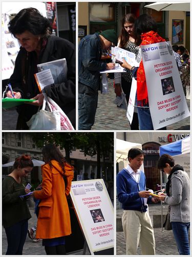 路人在蘇黎世古城區希爾申廣場（Hirschenplatz）簽名制止中共活摘法輪功學員器官