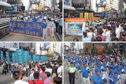 '圖4：軍容整齊威武的天國樂團引領遊行隊伍緩緩前進，為民眾帶來幸福與喜悅，兩旁的民眾熱切圍觀，紛紛舉起手機、相機等拍攝，將法輪大法的美好帶回家。'