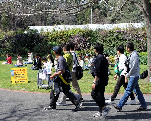 圖：澳洲墨爾本著名景點旁，法輪功學員祥和的煉功場面吸引大陸觀光客。