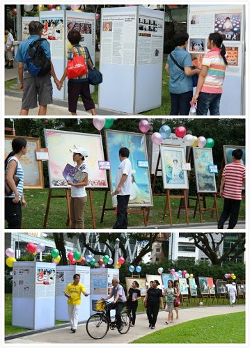 民眾閱讀真相展板，或索要真相資料，觀看法輪功學員創作的油畫作品