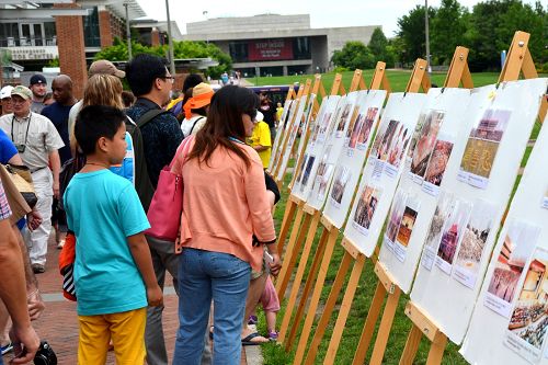 大批中、西方遊客認真閱讀講述法輪功真相的展板和圖片。