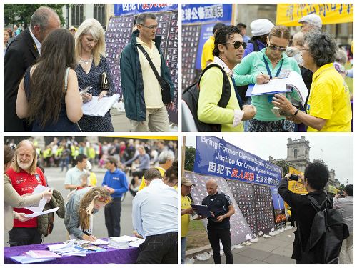 圖3：過往民眾絡繹不絕，他們紛紛駐足了解真相，並在徵簽表上簽名支持制止迫害。有的大陸遊客還拿出手機拍攝真相展板。