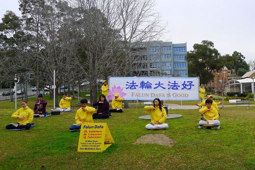 圖1：七月二十二日，部份悉尼的法輪功學員來到戈斯福德市（Gosford）市中心的克伯公園，傳播法輪功的真相。