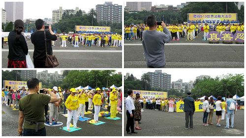 圖5：法輪功學員集體煉功及賀壽的場面吸引中國大陸遊客駐足觀看。