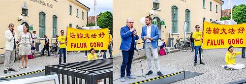 '圖2：七月五日，環境黨國會議員尼克拉斯﹒馬默貝耶（Niclas Malmberg）先生（左圖）和溫和黨國會議員漢斯﹒羅森貝耶（Hans Rothenberg）先生（右圖）在法輪功學員的活動中發表演講，聲援法輪功學員反迫害。'