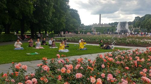 '圖1～3：挪威法輪功學員在雕塑公園煉功'