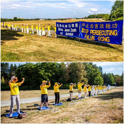 '圖1：二零一八年七月二十日上午九點，法輪功學員在中國駐瑞典使館前以集體煉功的形式和平抗議，並通過揚聲器向對面中使館的工作人員及過往路人講述中共迫害法輪功的事實真相。'