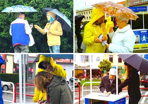 '圖2～3：二零一九年十月五日上午，斯洛伐克赫洛霍韋茨（Hlohovec）市學員，傳播法輪功真相。民眾了解真相後簽名支持學員反迫害。'