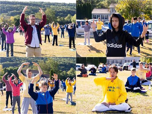 '圖2：二零一九年九月七日上午，紐約上州橙縣周邊的中西方法輪功學員匯聚橙縣（Orange County）草坪集體煉功。'