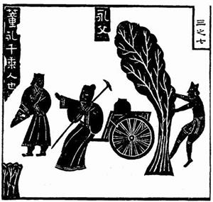 '董永轤車載父，出漢代武梁祠畫像石，1821年馮雲鵬《金石索》中的復原圖。'