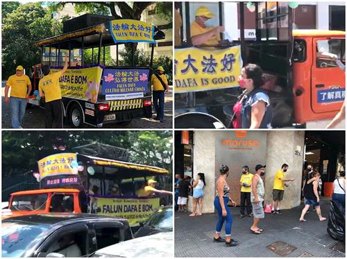 '圖3：真相花車在市中心行駛，吸引過往車輛司機和行人的目光，有的司機主動問學員索要真相資料。也有的學員商場門口發真相資料。'