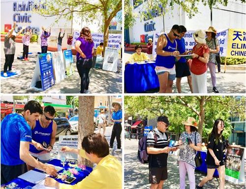 '圖1：十一月十五日法輪功學員在悉尼艾士菲（Ashfield）市政廳前展橫幅、講真相。'