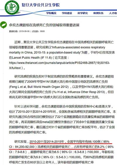 '圖3：復旦大學公共衛生學院研究成果報告：全國每年流感超額（相關呼吸道疾病）死亡超過8.8萬人'