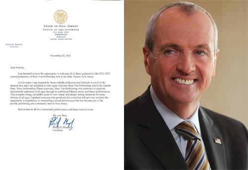 '圖2：新澤西州長墨菲（Phil Murphy）給演出主辦方發賀信，說：「被神韻藝術家在追求卓越的音樂藝術過程中表現出的奉獻精神和毅力所鼓舞……（神韻藝術團）自從十五年前成立後，通過中國傳統的音樂和舞蹈的表演吸引全世界所有的觀眾……演出將給我們州的居民提供機會，體驗出色的文化表演。」'