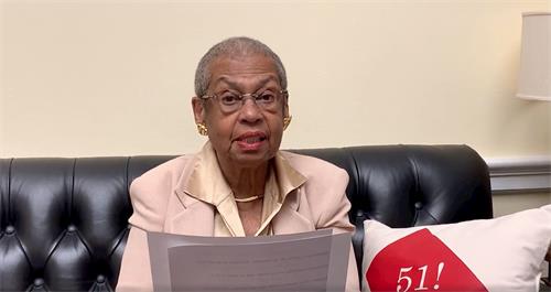 '圖2：哥倫比亞特區眾議員莉諾﹒諾頓（Eleanor Holmes Norton）說：「我們必須為那些在中國受迫害、自己無法喚起外界關注的人們而抗爭。」'